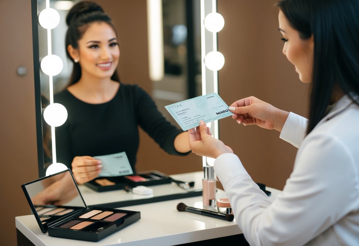 A woman handing over payment to a makeup artist with a mirror and cosmetics on a table