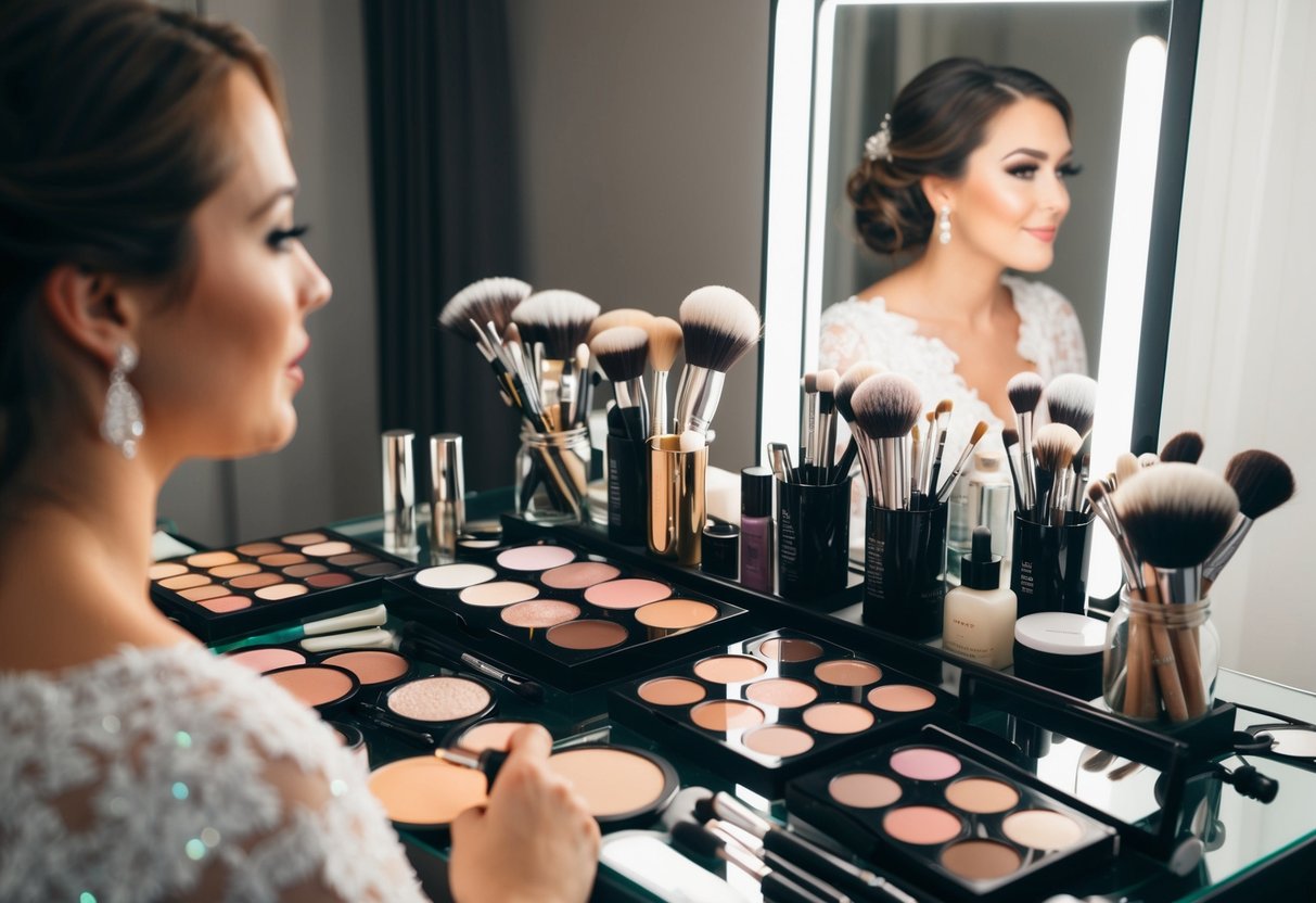 A makeup artist's table with various brushes, palettes, and products neatly arranged, with a mirror reflecting the soft glow of a bride's completed makeup look