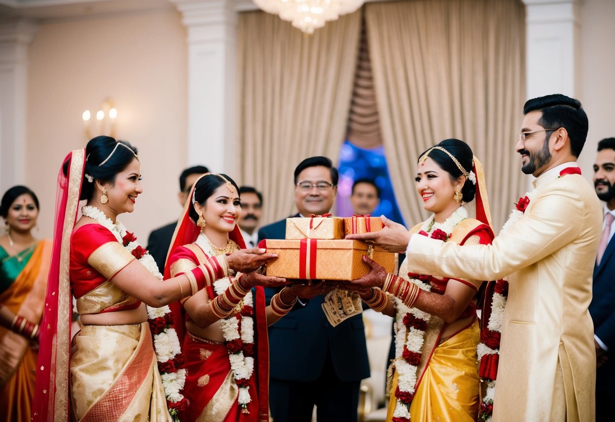 A traditional wedding scene with the bride's family presenting gifts and money to the groom's family as part of the cultural custom