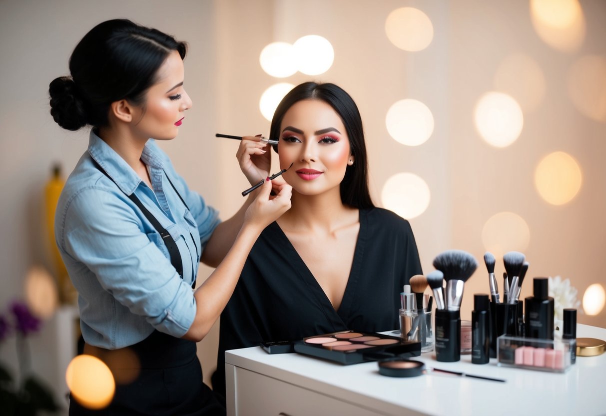 A makeup artist applying makeup to a woman's face, surrounded by beauty products and tools on a table