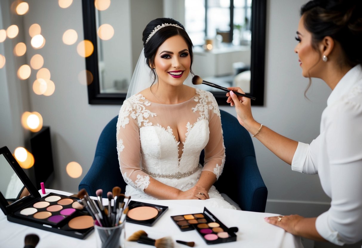 A bride sits in a chair while a makeup artist applies makeup. Brushes, palettes, and a mirror are scattered on the table