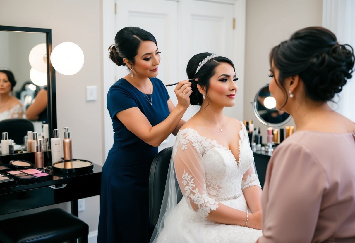A bride sits in a makeup chair, surrounded by beauty products and mirrors. A makeup artist carefully applies makeup, creating a flawless bridal look