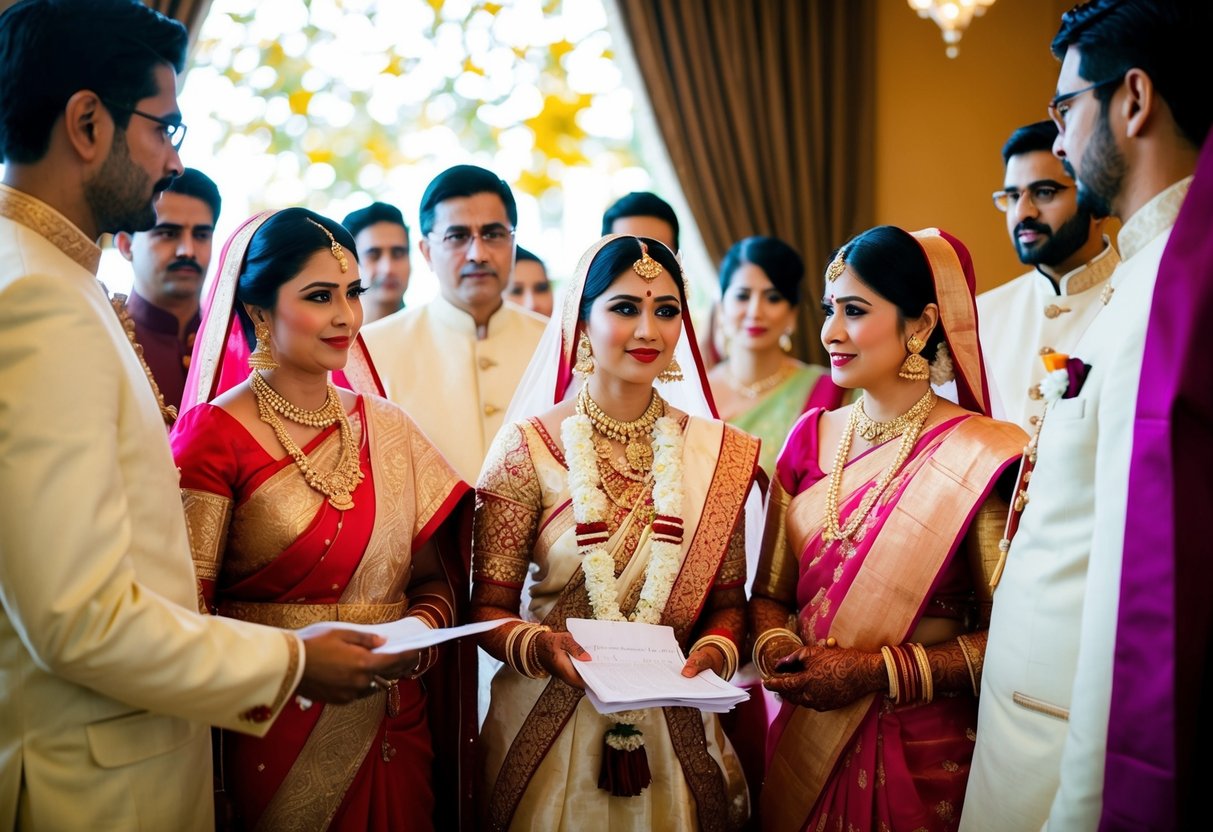 A traditional wedding scene with the bride's family discussing finances and planning, while the groom's family looks on