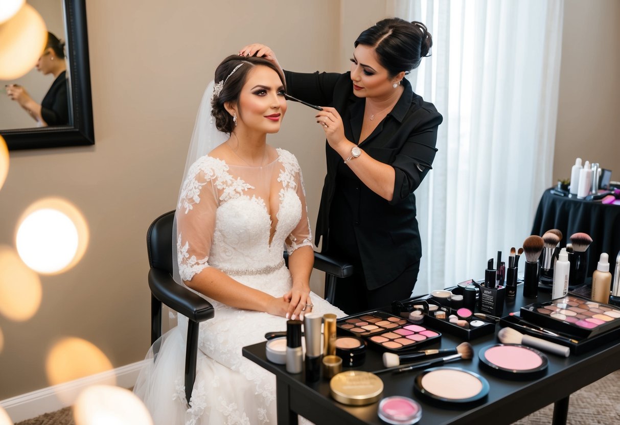 A bride sitting in a chair while a makeup artist applies makeup, surrounded by a variety of makeup products and tools on a table