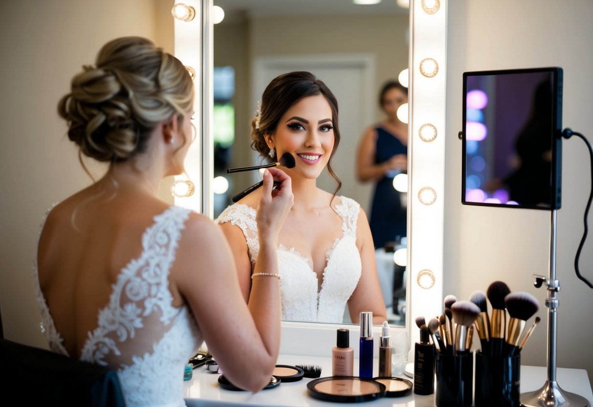 A bride sits in front of a mirror, surrounded by makeup products and brushes. A makeup artist carefully applies makeup, enhancing the bride's natural beauty for her wedding day