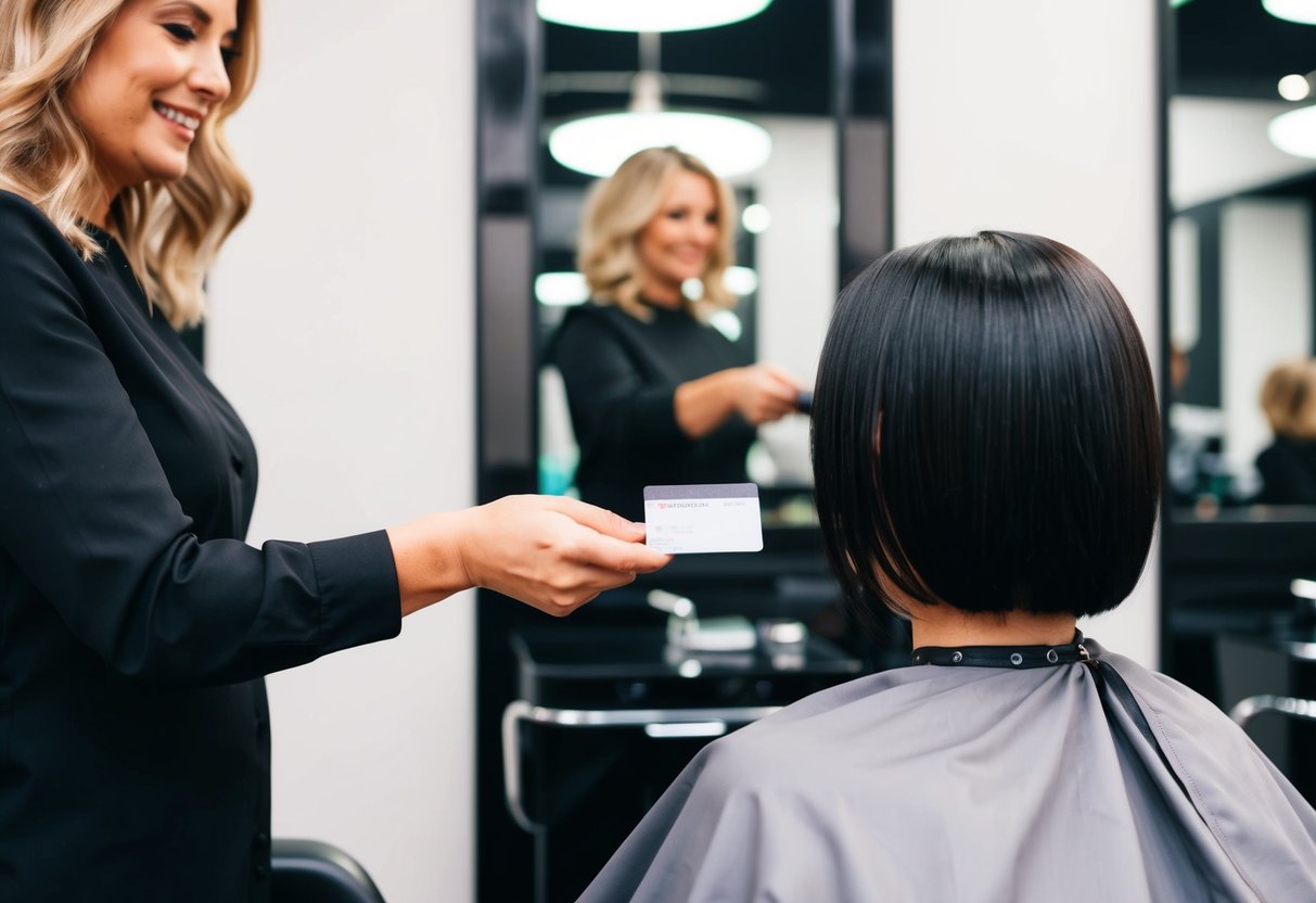 A woman hands a credit card to a hairstylist as she sits in a salon chair