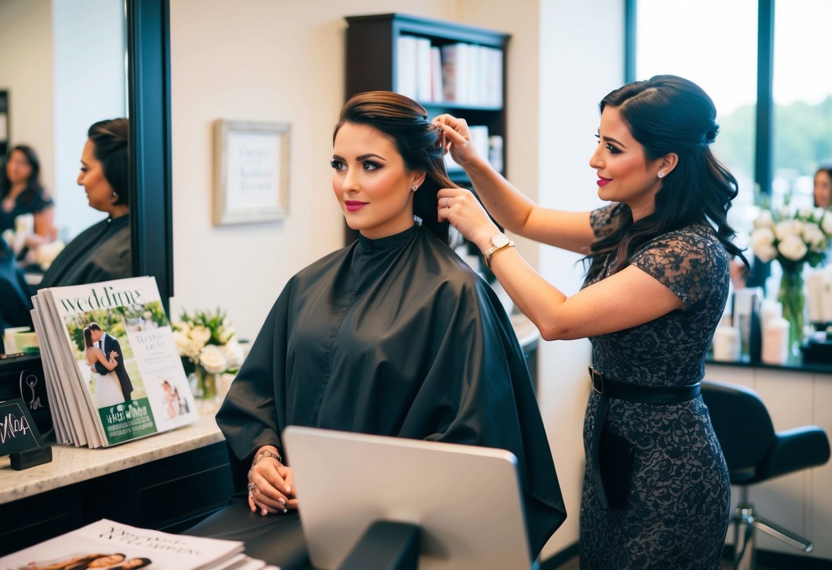 A woman getting her hair styled at a salon, surrounded by wedding magazines and a wedding planner