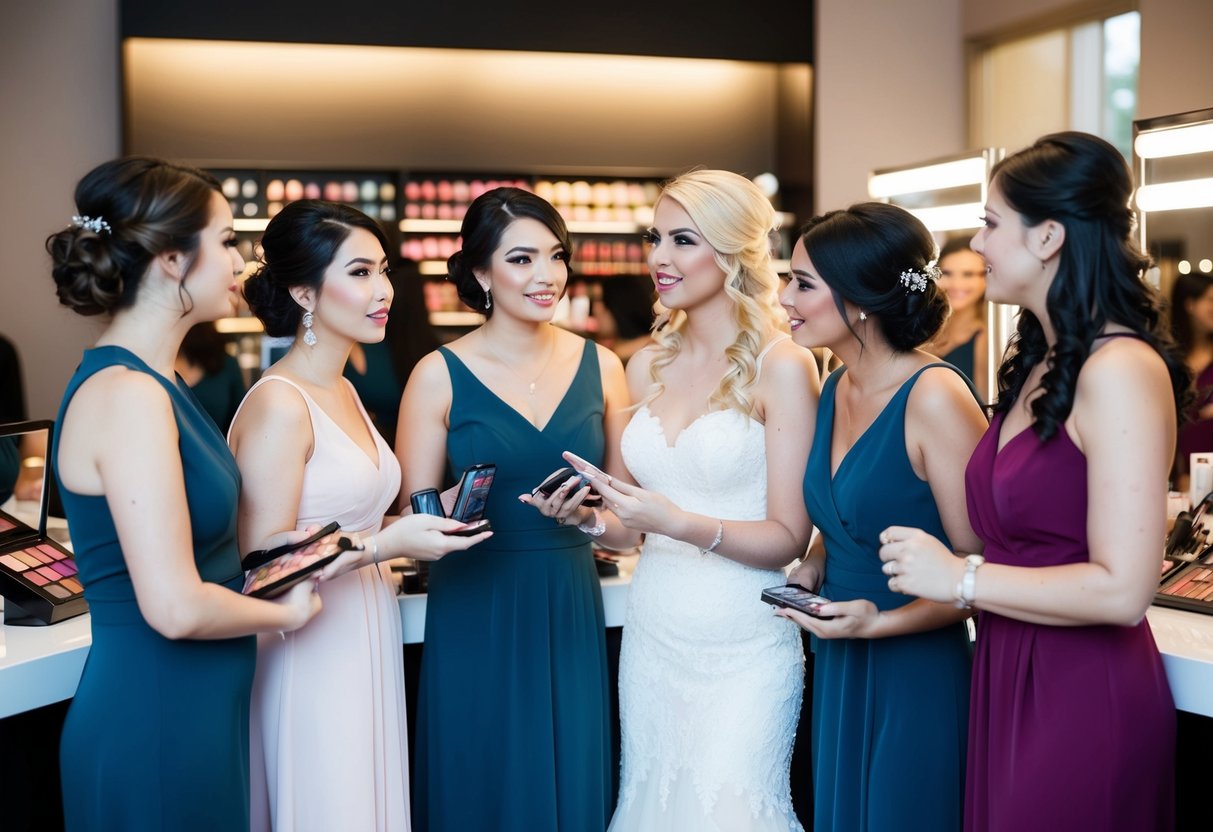 A group of bridesmaids standing in front of a makeup counter, discussing and comparing different makeup products and prices