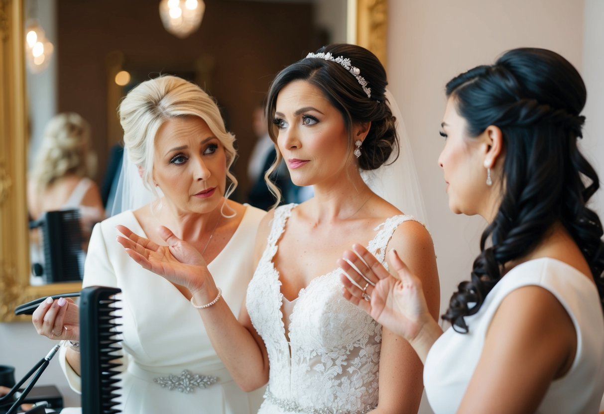 A bride and her mother discussing wedding hair services with a hairstylist. The mother looks concerned while the bride gestures confidently