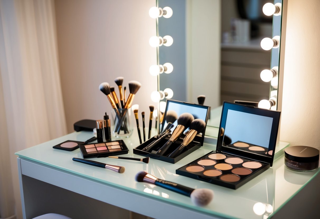 A bride's makeup spread out on a vanity table with brushes, palettes, and a mirror
