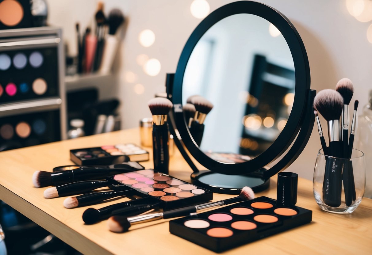 A makeup artist's table with brushes, palettes, and a mirror