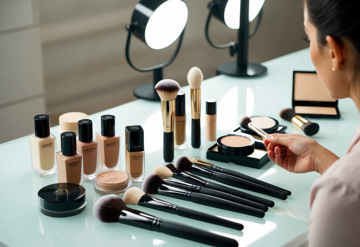 A makeup artist carefully selects and arranges various foundation shades, powders, and brushes on a clean, well-lit work surface