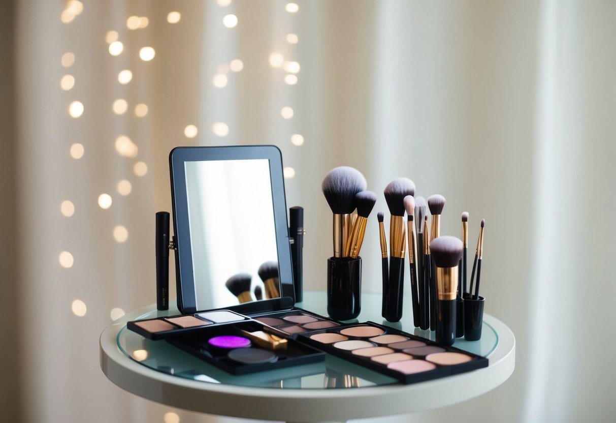 A makeup artist's table with brushes, palettes, and mirrors, set against a soft, elegant backdrop