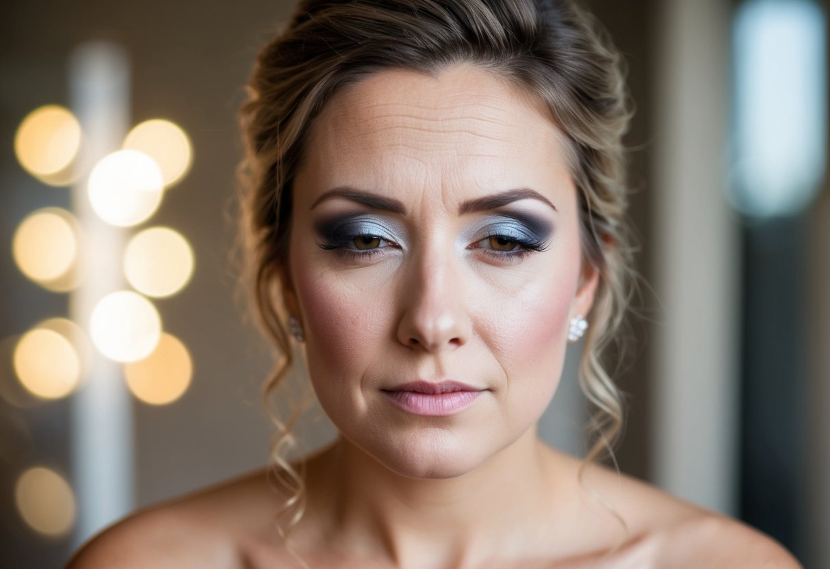 A woman's face with irritated skin, smudged makeup, and a tired expression after a long day of wearing bridal makeup