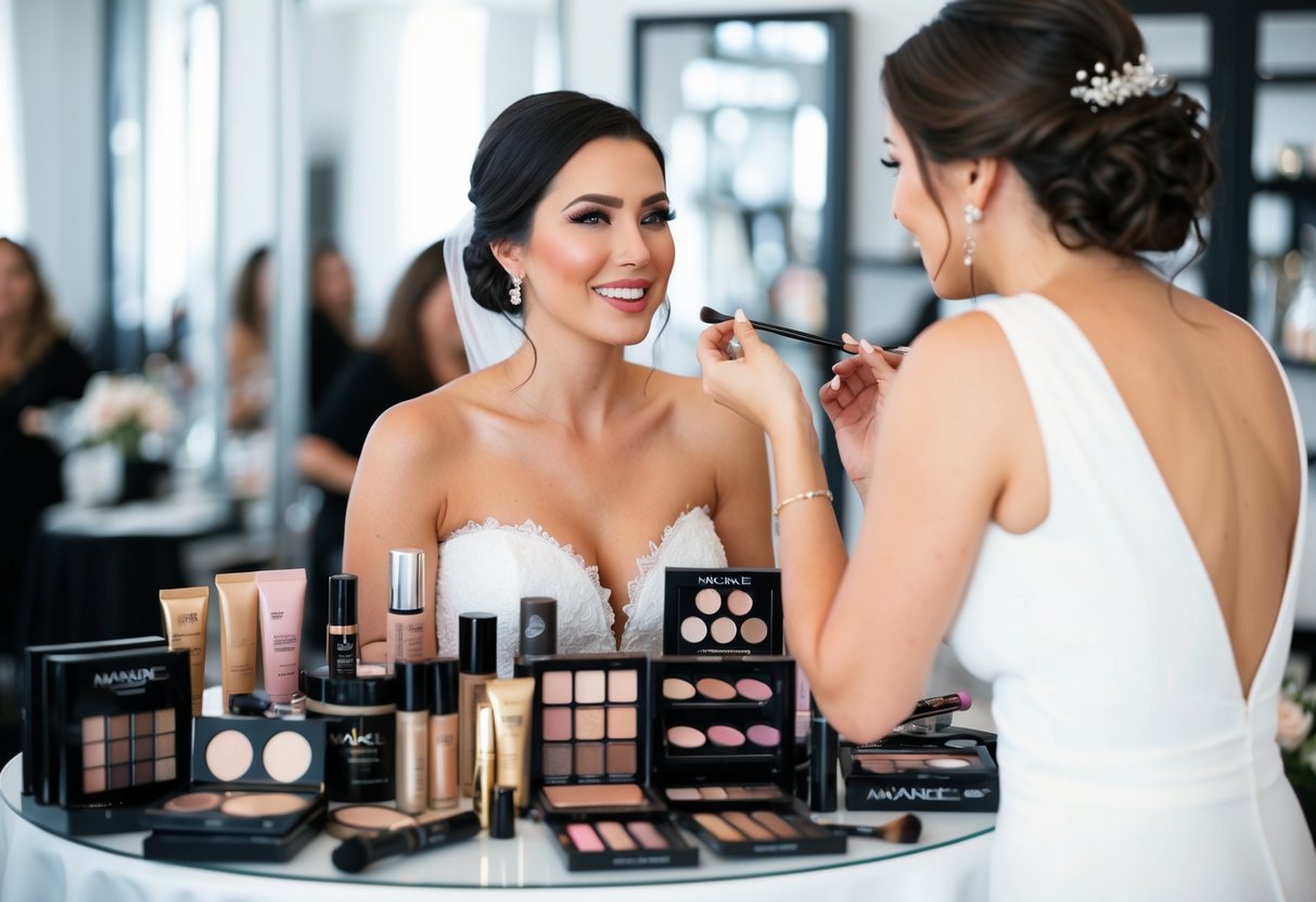 A bride surrounded by various makeup brands displayed on a table, with a makeup artist testing different products on her