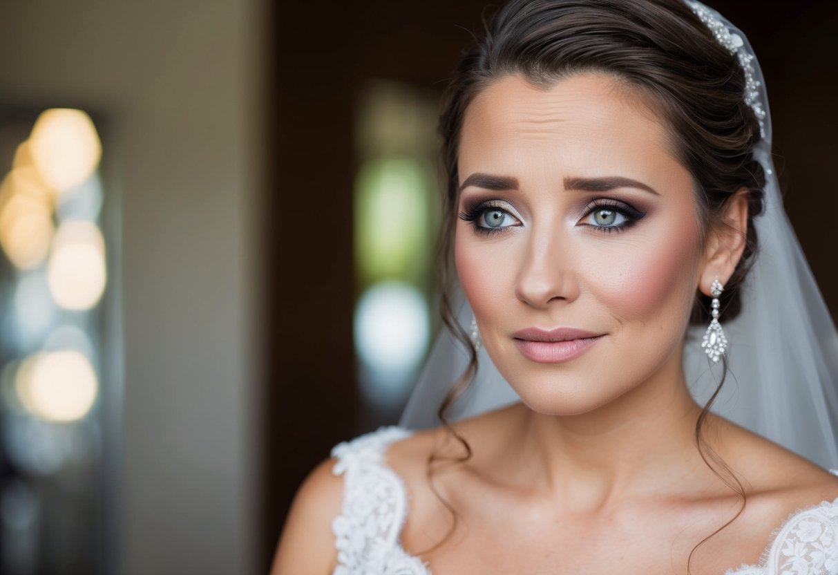 A bride with smudged makeup and teary eyes after a long day