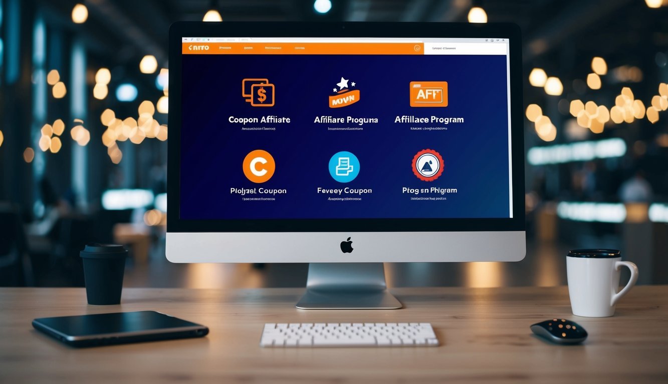 A computer screen displaying various coupon affiliate program logos and icons