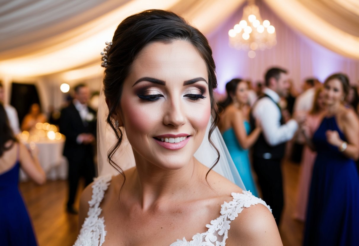 A bride's makeup smudges and fades after hours of dancing and celebrating at her wedding reception