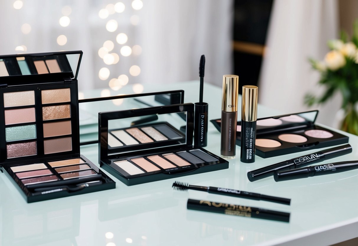A bride's makeup table with a variety of eyeshadow, eyeliner, and mascara from different makeup brands displayed on a clean, organized surface
