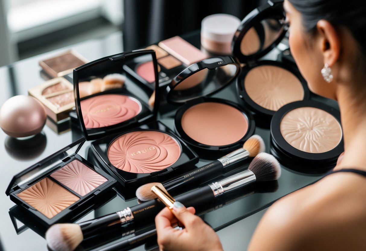 A makeup artist carefully selects the best blush, bronzer, and highlighter from various high-end brands for a bridal makeup look