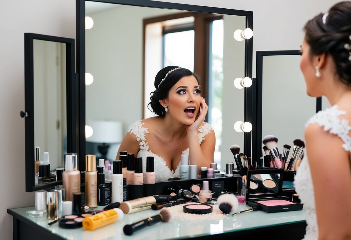 A cluttered makeup table with spilled products and a frustrated bride looking in the mirror at her overdone bridal makeup