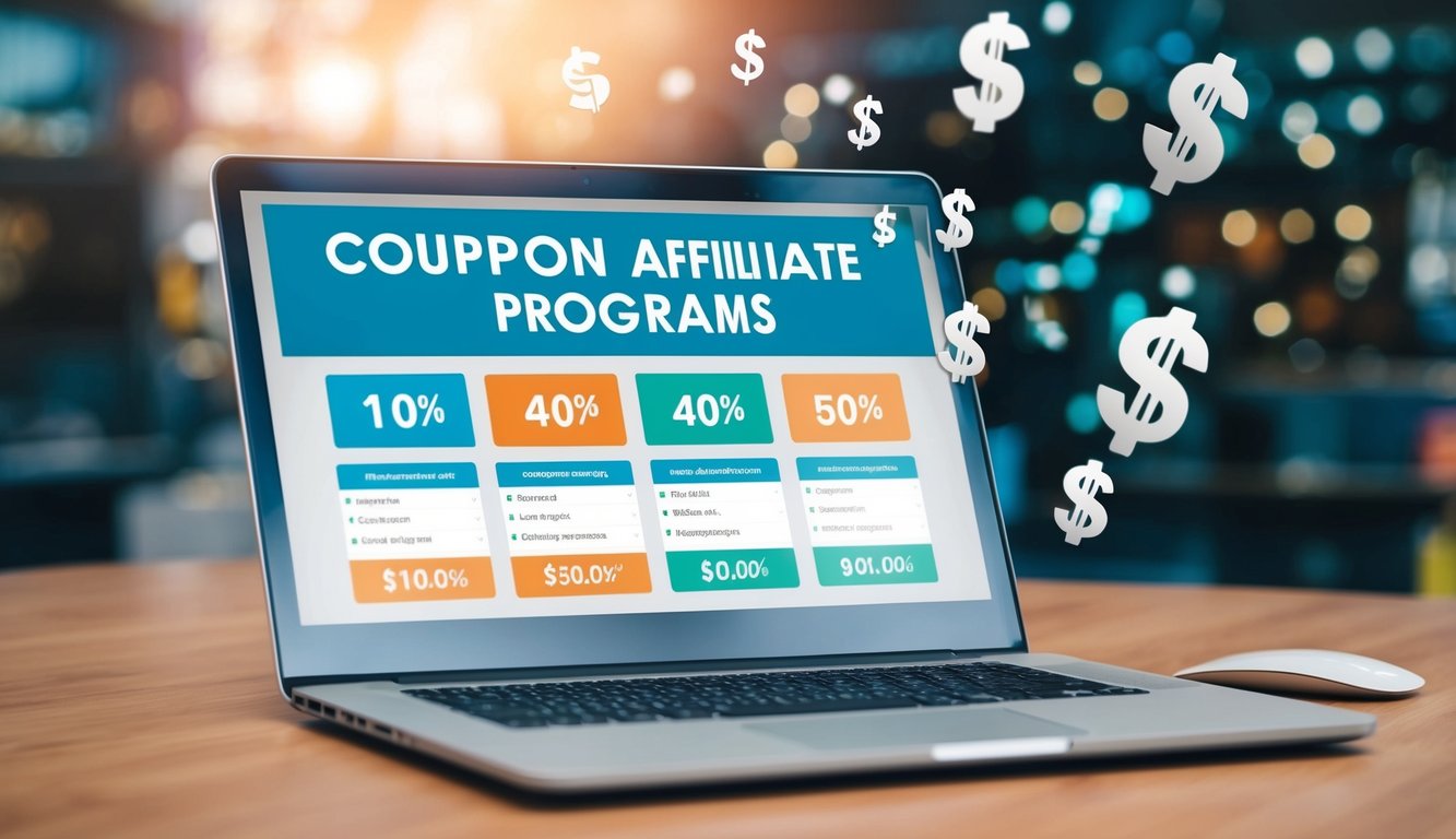 A laptop displaying various coupon affiliate programs with dollar signs and percentage symbols floating around