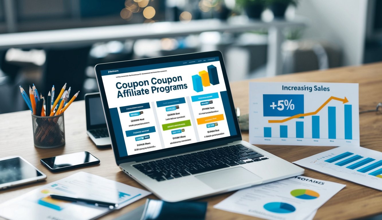 A laptop displaying various coupon affiliate programs, surrounded by marketing materials and a graph showing increasing sales