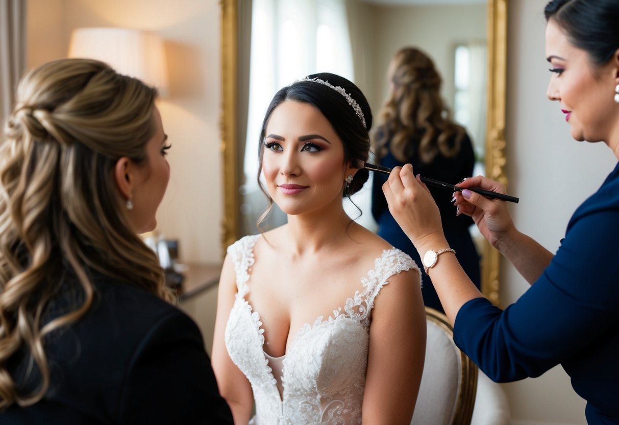 A bride sits patiently as a makeup artist applies the finishing touches to her flawless wedding day look