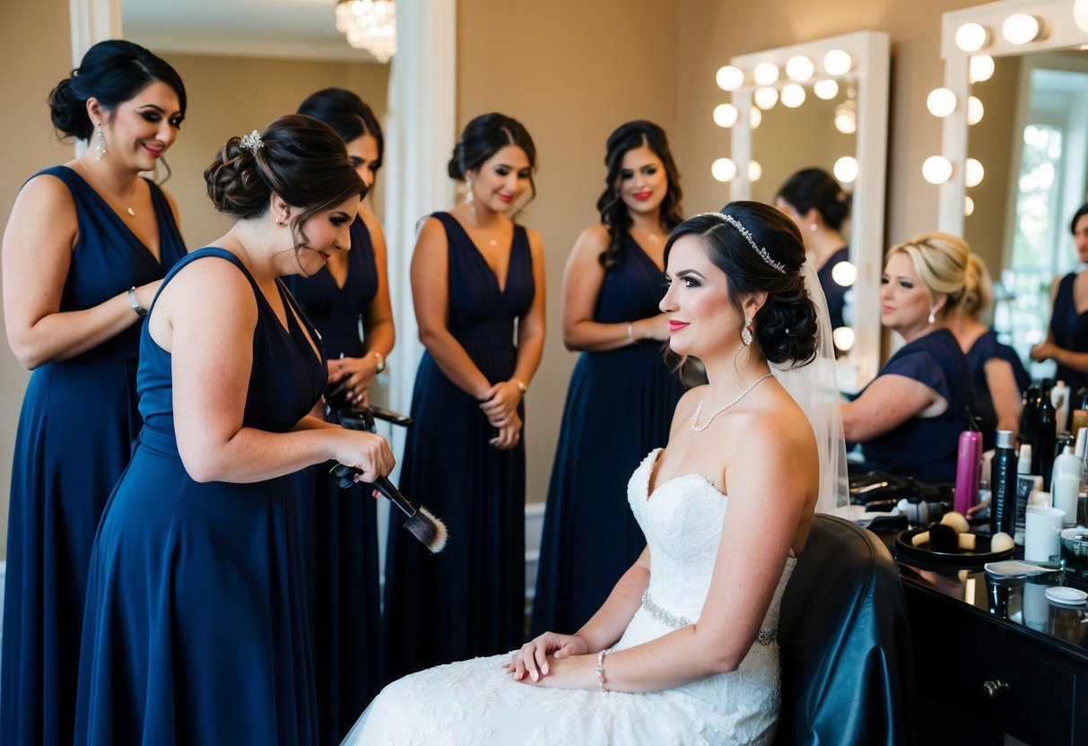 The bride sits patiently as the hairstylist and makeup artist work on the bridal party, ensuring everyone is ready before attending to her