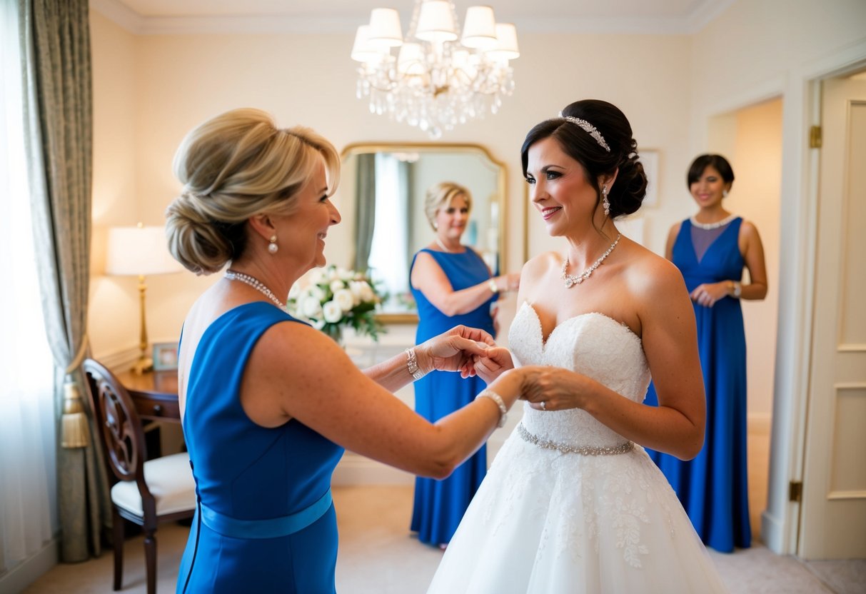 The mother of the bride helps the bride with her dress and accessories in a well-lit, elegant dressing room
