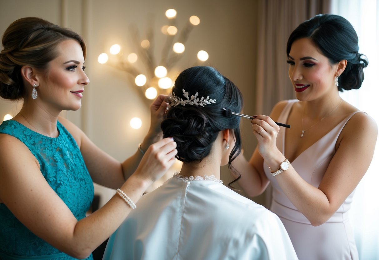 A hairstylist adds finishing touches to an elegant updo while a makeup artist applies the final touches to a radiant bridal look