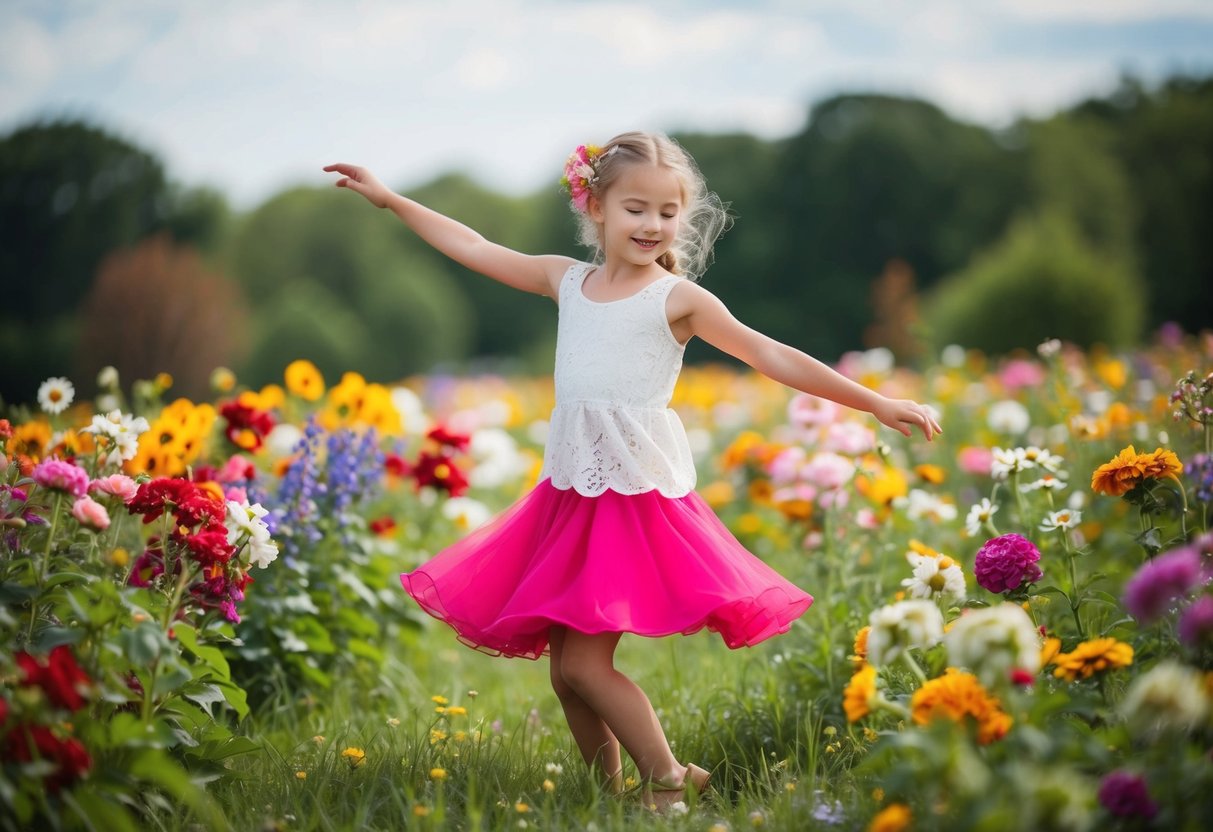 A young, vibrant flower girl dances in a field, surrounded by blooming flowers of all colors and sizes