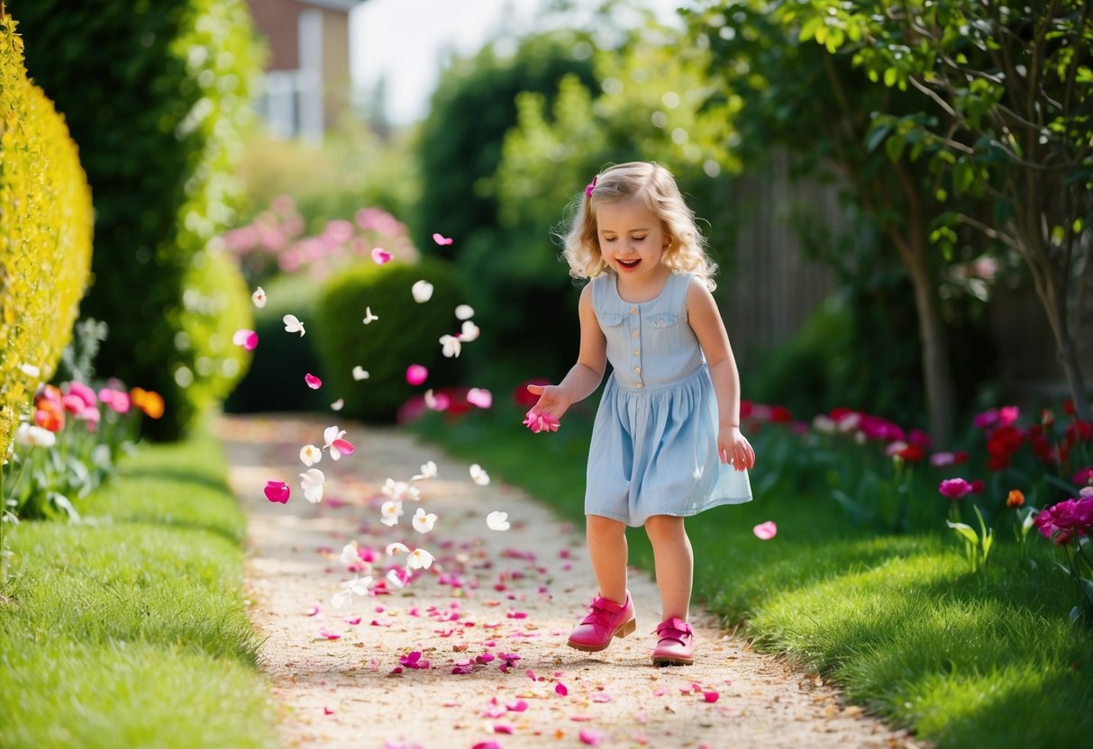 A young girl happily scattering flower petals along a garden path