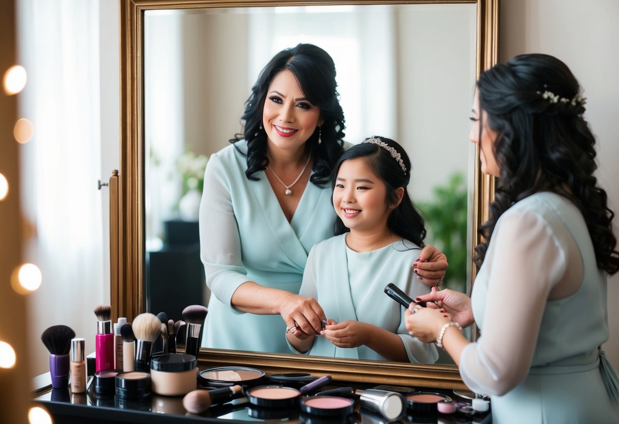 A mother and daughter stand together in front of a mirror, surrounded by makeup and hair products, as they prepare for the wedding day