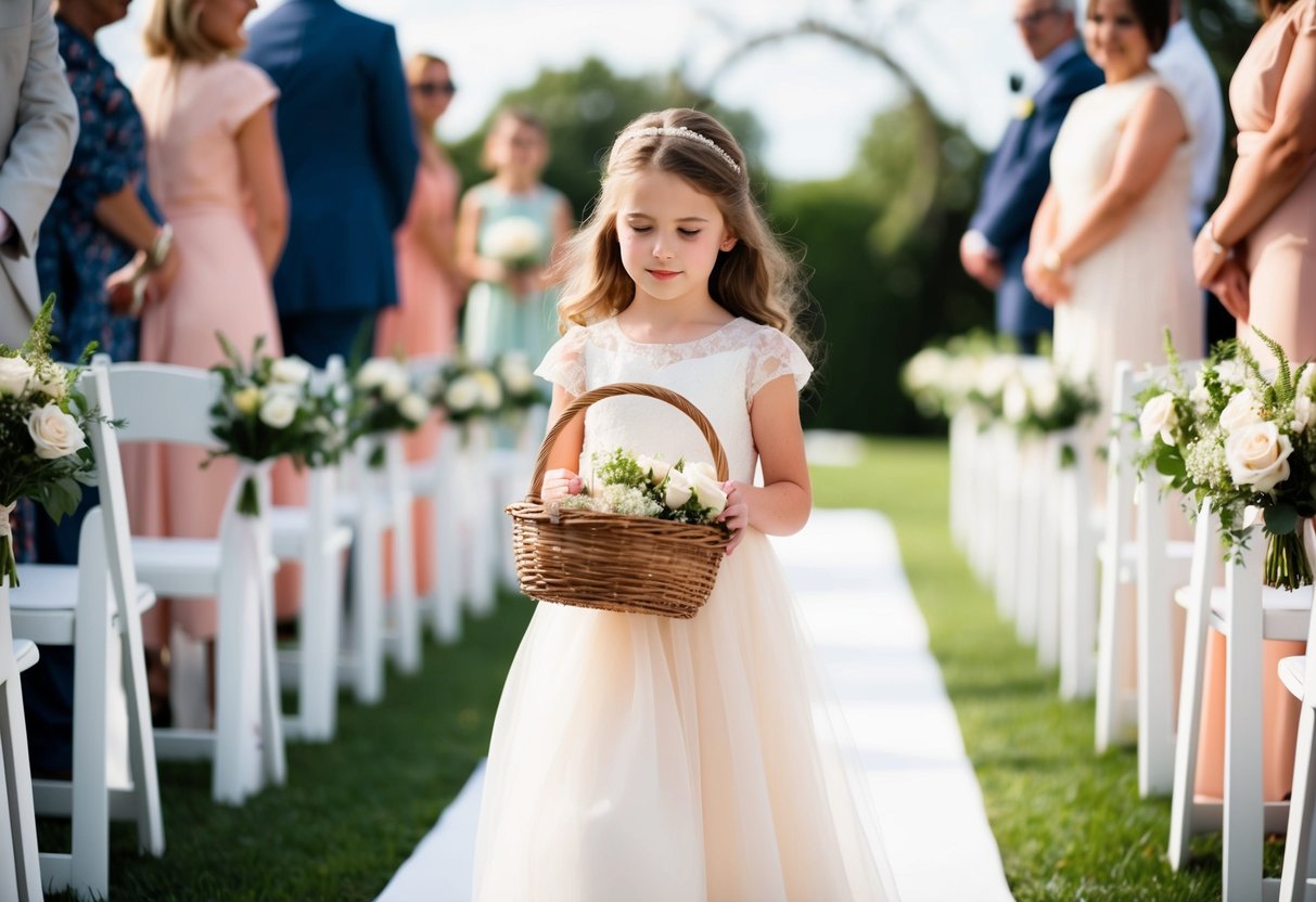 A young girl in a delicate dress holding a basket of flowers, walking down the aisle at a wedding