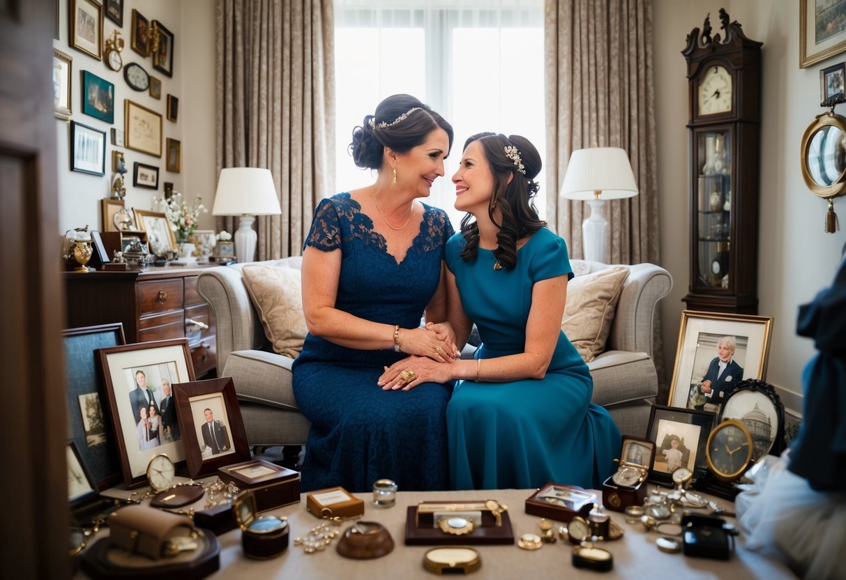 A mother and daughter sit together, surrounded by family heirlooms and cherished mementos, as they prepare for the wedding day