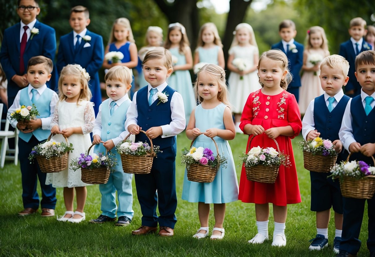 A group of children of varying ages, from toddlers to pre-teens, stand in a line holding baskets of flowers, ready to walk down the aisle