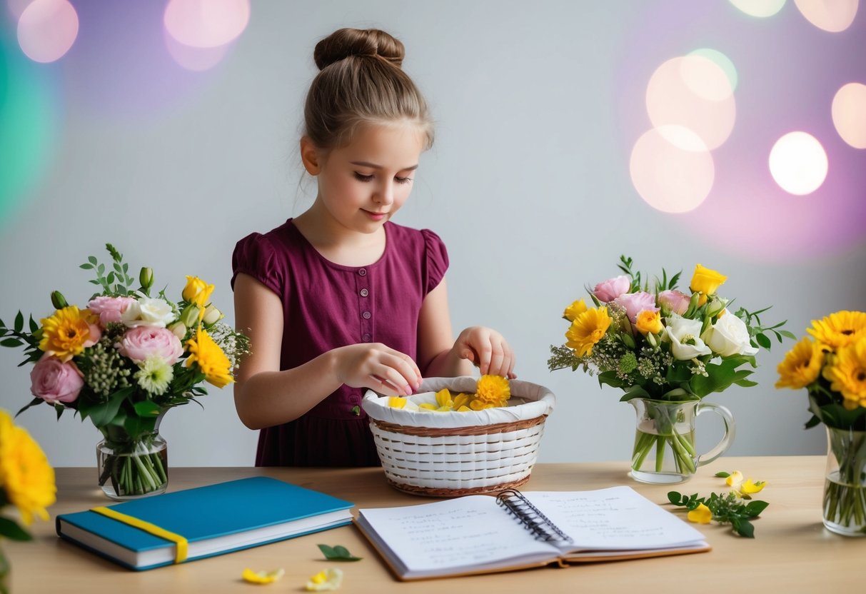 A young girl carefully arranges flower petals in a basket, surrounded by various floral arrangements and a notebook filled with contingency plans
