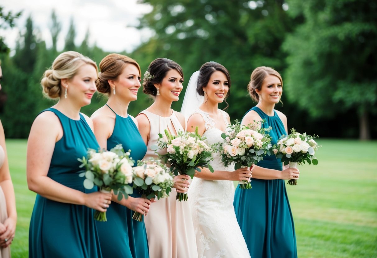 A line of bridesmaids walks down the aisle before the bride, holding bouquets and wearing matching dresses