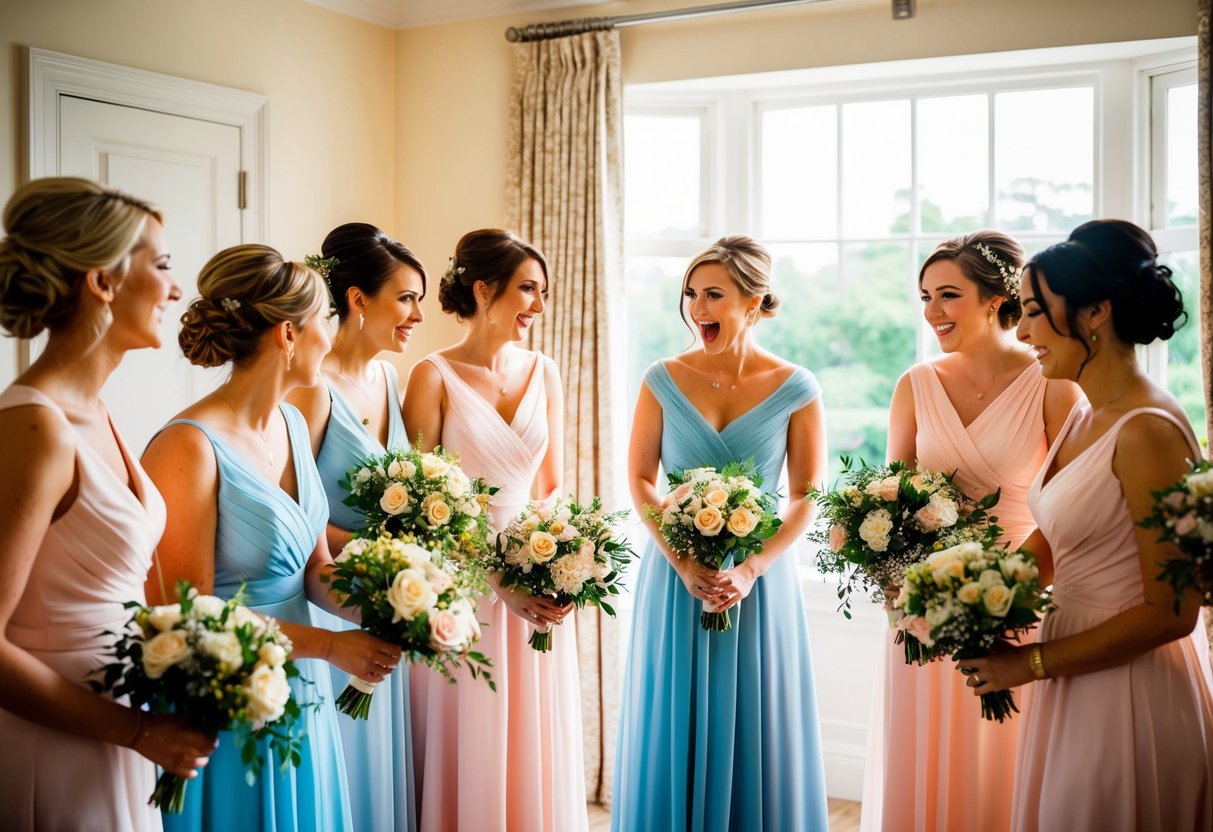 Bridesmaids gather in a sunlit room, arranging bouquets and smoothing out their dresses. Excitement fills the air as they eagerly await the arrival of the bride