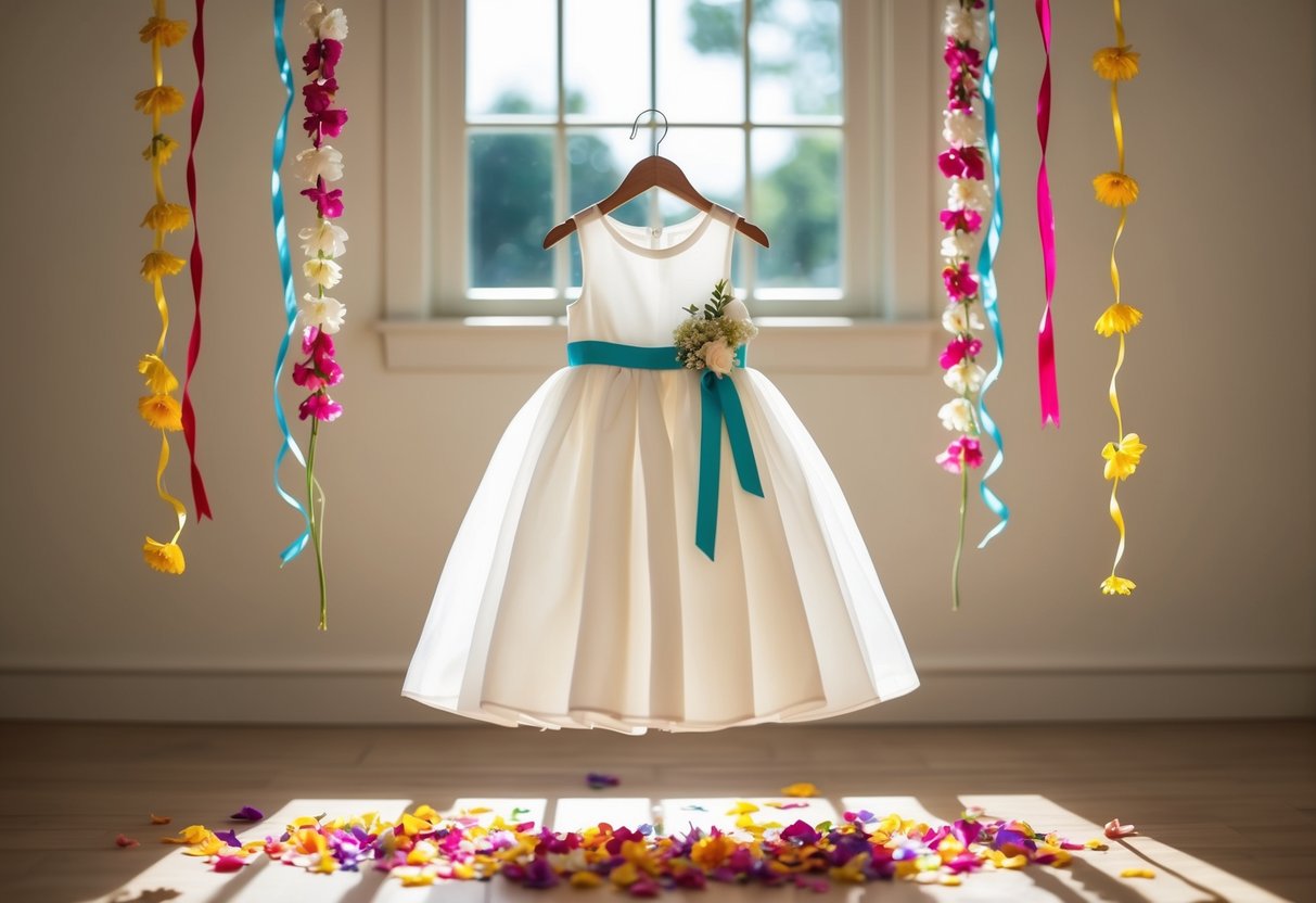 A flower girl dress hanging in a sunlit room, surrounded by colorful flower petals and ribbons