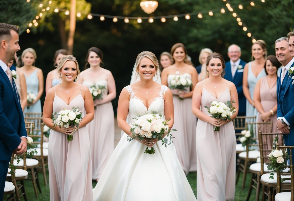 The bridesmaids follow the bride in a line, walking down the aisle after the ceremony