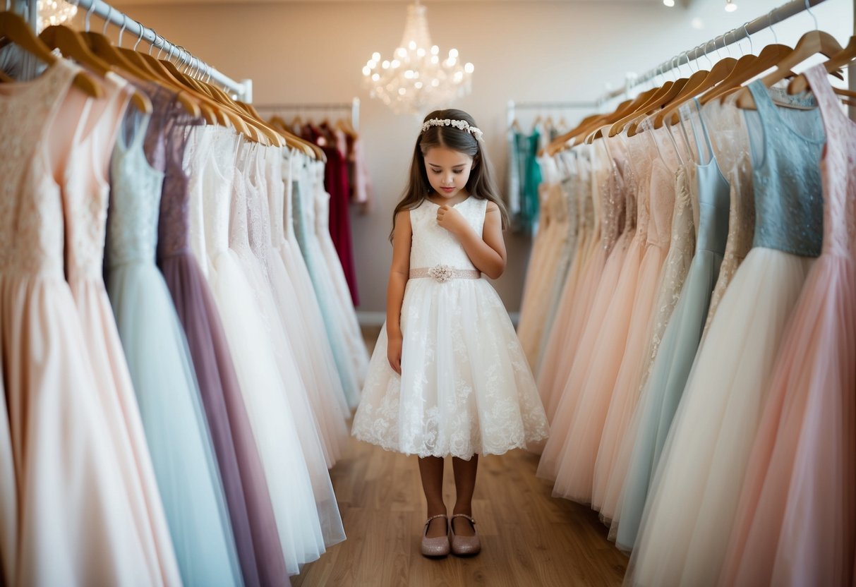 A young girl stands in a boutique surrounded by racks of delicate flower girl dresses, carefully considering each one