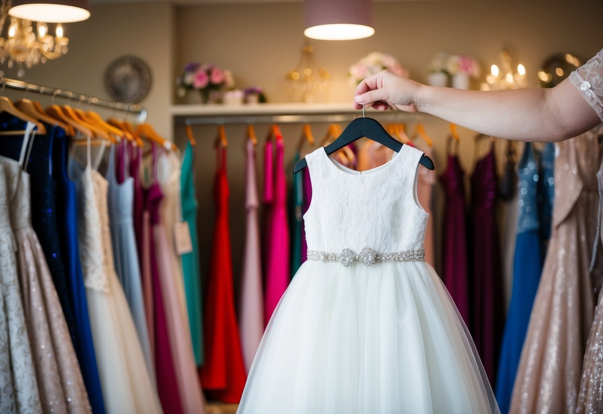 A flower girl dress being selected and purchased from a boutique, with various styles and colors on display