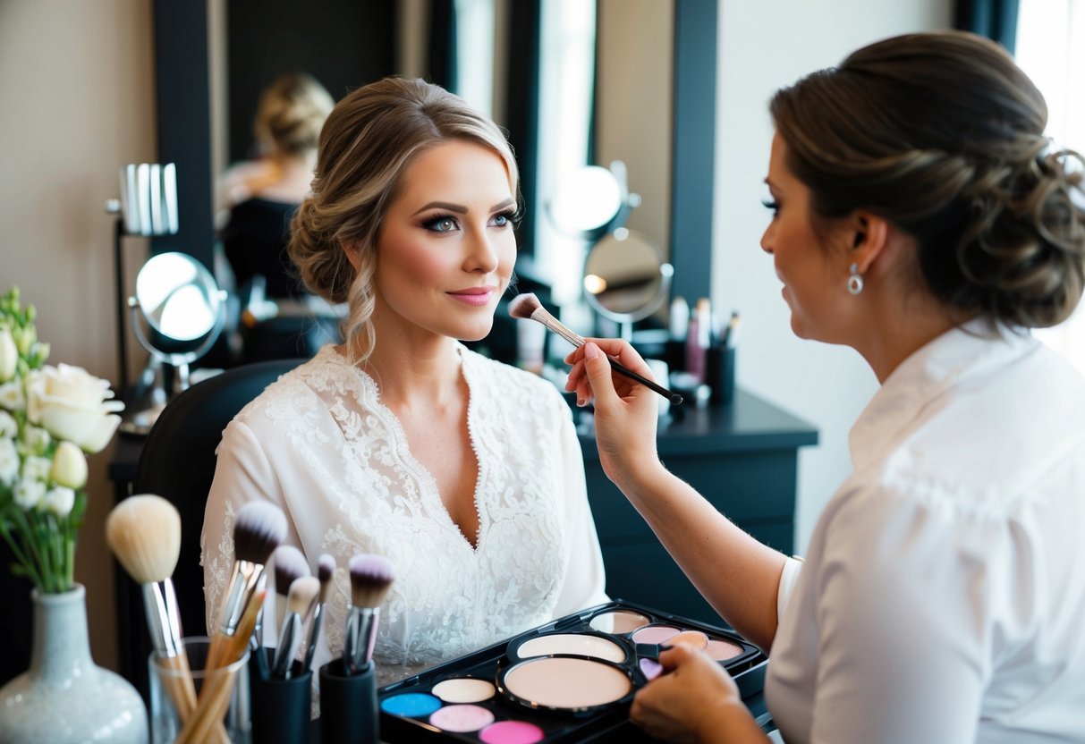 A bride sits in a makeup artist's chair, surrounded by brushes, palettes, and mirrors. The artist carefully applies makeup to enhance her natural beauty