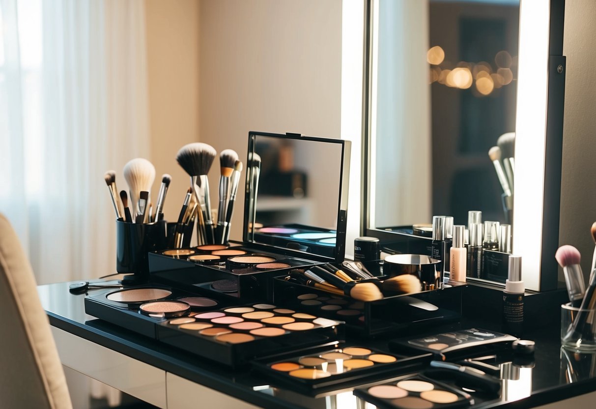 A makeup artist's kit open on a table, with brushes, palettes, and various products arranged neatly. A mirror reflects the soft glow of a vanity light