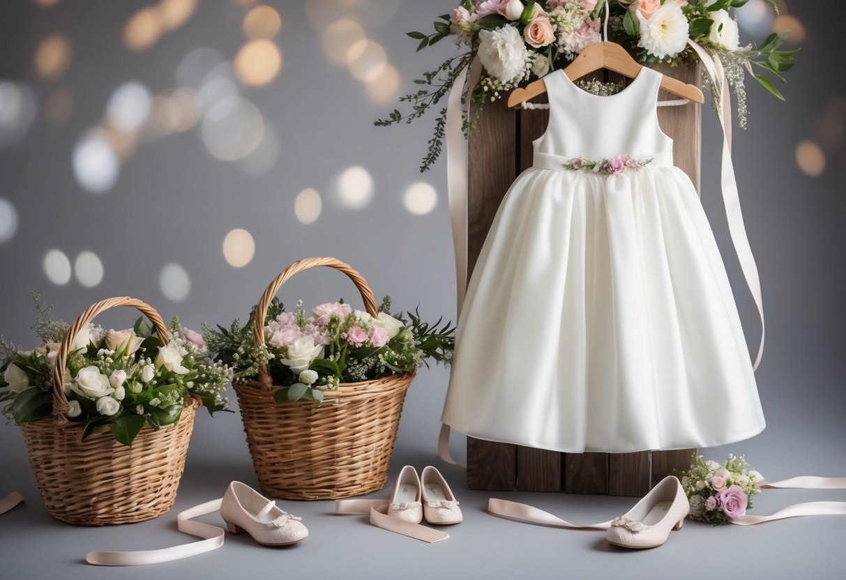 A flower girl dress hanging on a hanger, surrounded by baskets of flowers and ribbons, with a pair of delicate shoes placed nearby