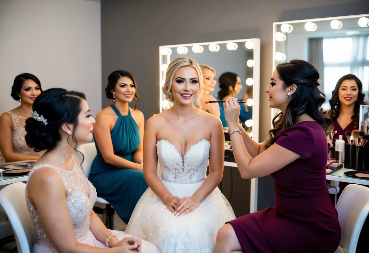 A bride and her bridal party sit in a makeup studio, with a makeup artist applying glamorous makeup to their faces