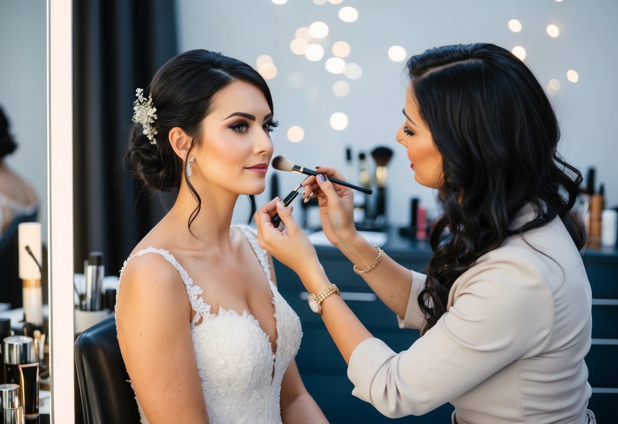 A bride sits in a chair as a makeup artist applies professional makeup, surrounded by a variety of cosmetic products and tools