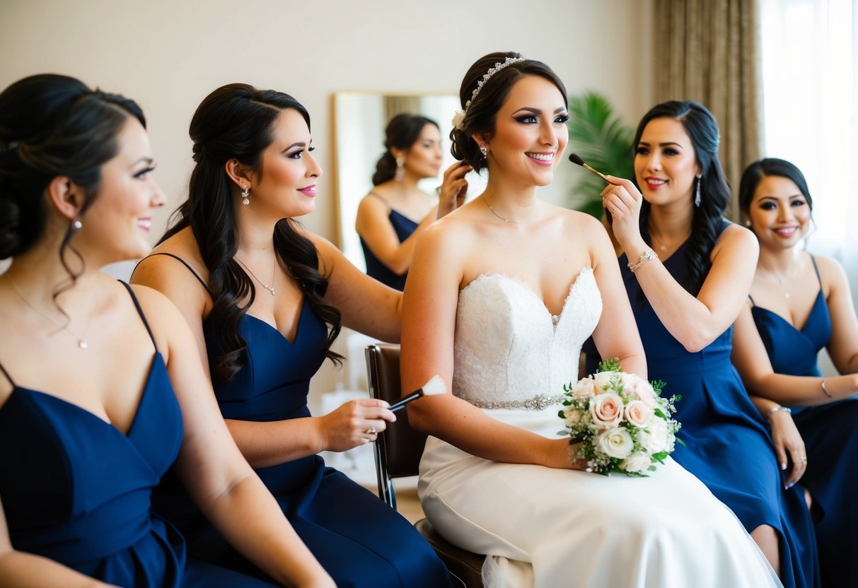 A bride sitting in a chair while a makeup artist applies makeup to the bridesmaids
